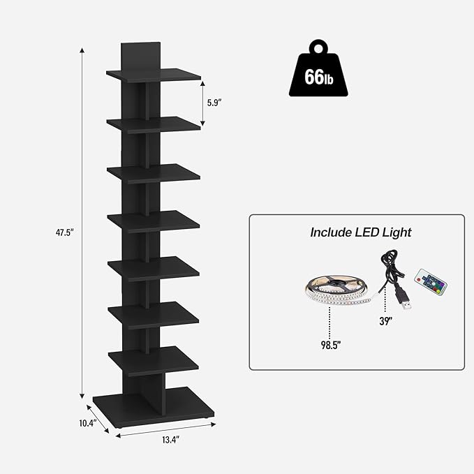TUTOTAK Narrow Bookshelf, 8-Tier Bookcase with LED Lights, Spine Book Shelf for Small Space, Corner Standing Shelf for Living Room, Office, Study, Entryway, Black BS06BK008L