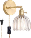 Plug in Wall Sconce, Transparent Tulip Glass Lampshade Wall Light Plugin Corded for Bedside Bedroom Doorway