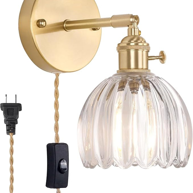 Plug in Wall Sconce, Transparent Tulip Glass Lampshade Wall Light Plugin Corded for Bedside Bedroom Doorway