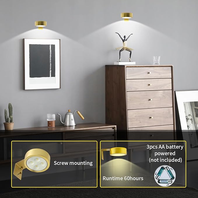 6Pack Picture Light Wireless Wall Painting Light 3 Lighting Art Display, Brightness Dimmable Timer Auto-OFF, Remote Control Battery Light Indoor for Pictures Paintings Frames Dartboards Gallery