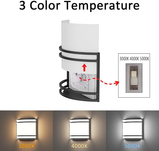 15W LED Indoor Wall Sconce, 3000K/4000K/5000K Color Temperature, Dimmable Modern Indoor Wall Mount Half Cylinder Light Fixture for Hallway Bedroom, Matt Black