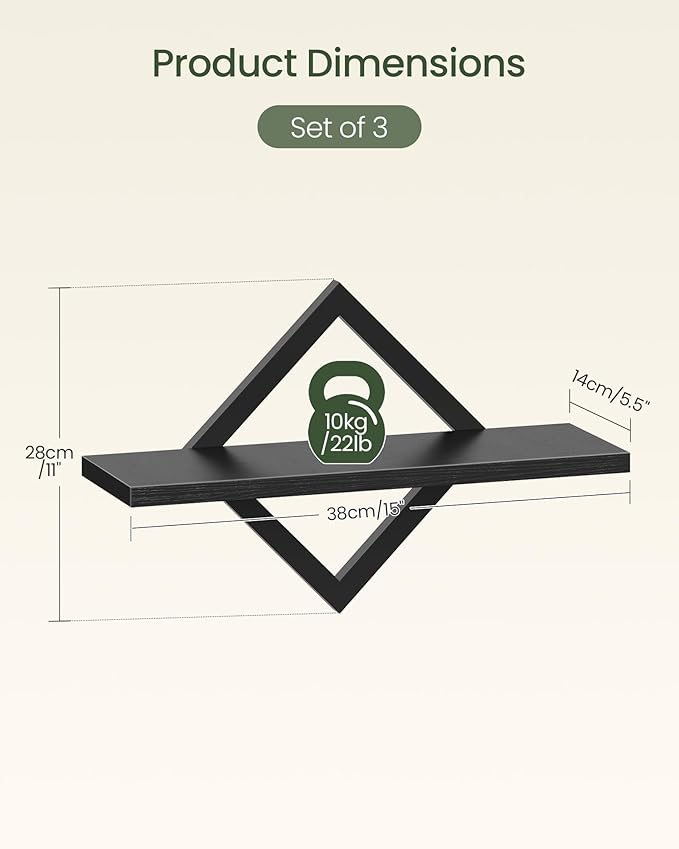 Floating Shelves for Wall, Set of 3 Wall Mounted Storage Shelves for Living Room, Bedroom, Kitchen, Bathroom, Black TBJ03P3BB