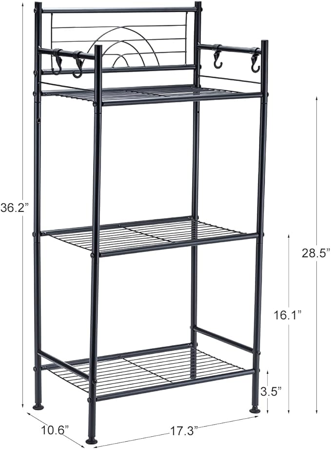 L&H UNICO 3-Tier Free Standing Wire Rack Durable Metal Shelving Storage Unit with Adjustable Feet 4-Hook for Bathroom Laundry Kitchen Office, Black