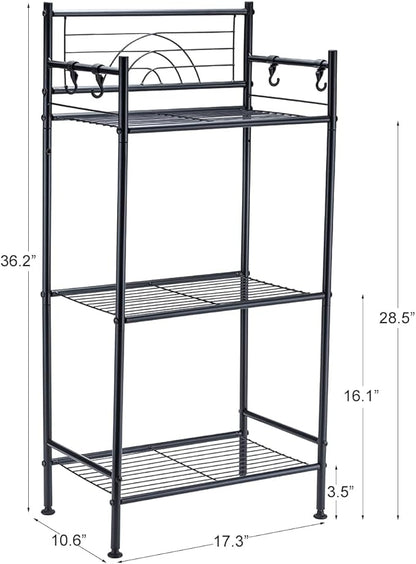 L&H UNICO 3-Tier Free Standing Wire Rack Durable Metal Shelving Storage Unit with Adjustable Feet 4-Hook for Bathroom Laundry Kitchen Office, Black