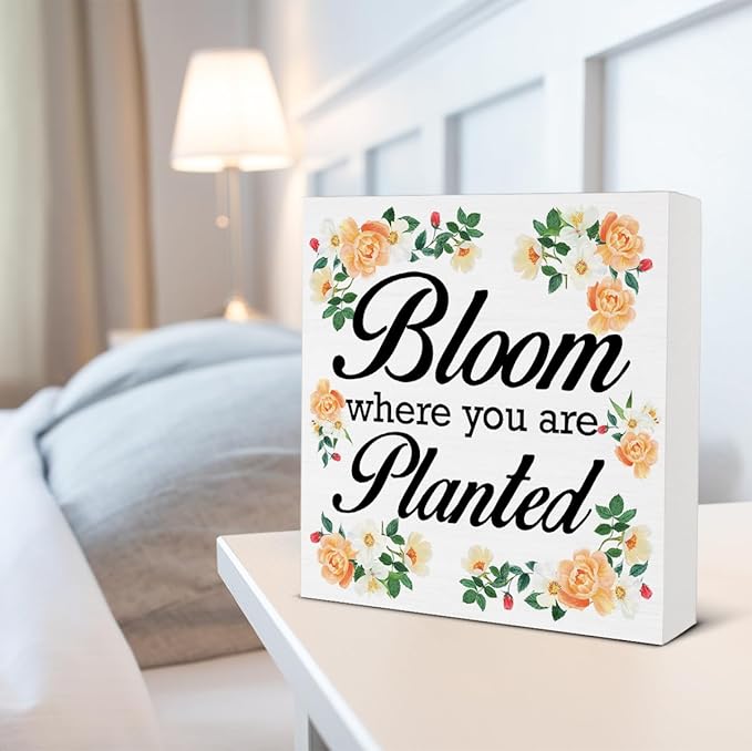 Spring Decor - Spring Decorations for Home - Bloom Where You Are Planted Wood Sign Home Desk Table Shelf Tabletop Decor 5×5 Inches