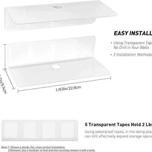 OAPRIRE Acrylic Floating Shelves Set of 2 - Damage Free Expand Wall Space - 9 Inch Adhesive Shelf for Bedroom, Bathroom, Kitchen, Shelves for Wall Decor with Cable Clips (Frosted)