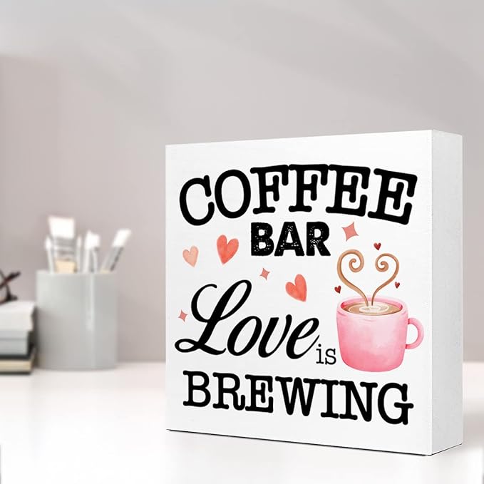 LVQHI Funny Kitchen Wood Block Signs,Coffee Bar Love is Brewing Wooden Box Sign for Home Shelf Bedroom Tabletop Desk Decor,Rustic Kitchen Office Cafe Sign Decor