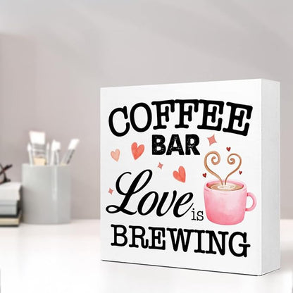 LVQHI Funny Kitchen Wood Block Signs,Coffee Bar Love is Brewing Wooden Box Sign for Home Shelf Bedroom Tabletop Desk Decor,Rustic Kitchen Office Cafe Sign Decor