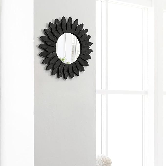 Honiway Boho Wall Decor Mirrors for Wall 2 Pack 12 inch Wood Decorative Mirror for Room Decor Rustic Farmhouse Mirror for Bedroom Bathroom Living Room Kitchen Black