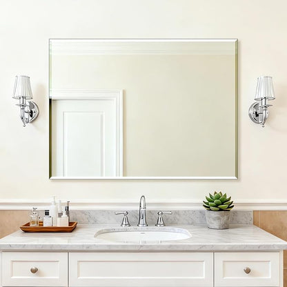 Ruomeng Frameless Mirror for Wall, 48x36 Inch Bathroom Vanity Mirror Farmhouse, Large Rectangle Mirror with Beveled Edge, Tempered Glass, Hangs Horizontally or Vertically