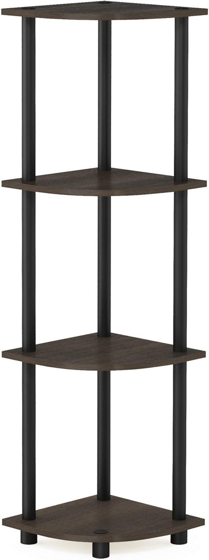 Furinno TURN-N-TUBE Corner Shelf, 4-Tier Corner Bookshelf, Display Storage Shelves with Open Shelves, for Organization and Storage, Living Room, Home Office, Garage, Dark Brown Grain