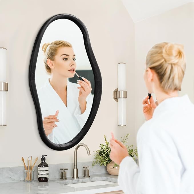 JJUUYOU Irregular Wall Mirror Black Asymmetrical Wooden Mirror 30