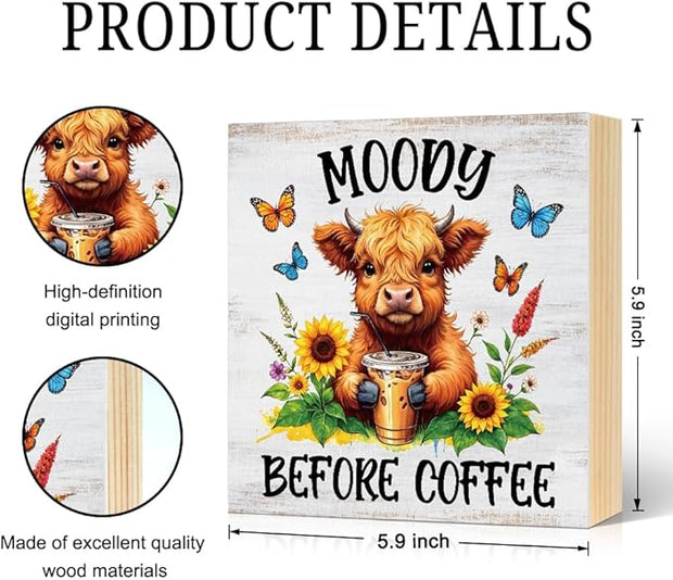 Moody Before Coffee Western Country Wood Block Plaque Box Sign for Home Living Room Coffee House Bar Shelf Table Office Decoration, Funny Highland Home Decor Gifts for Family Friends