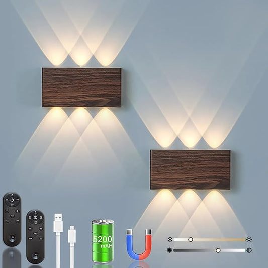 Shelprojsu LED Cordless Wall Sconce, 5200mAh Rechargeable Battery Operated Wall Lamp with Remote Control, 3 Colors and Dimmable Magnetic Wireless Wall Light (Walnut, 2PCS)