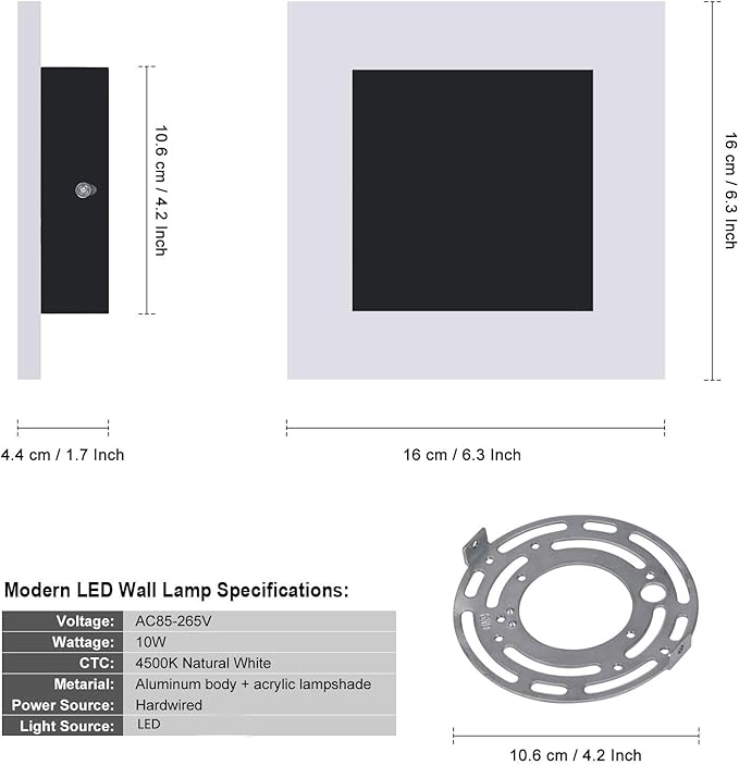 Kawell 10W Square Acrylic LED Wall Sconce Non-Dimmable Hardwired Black Wall Light Fixture for Bedroom, Living Room, Hallway Indoor Lighting, 4500K
