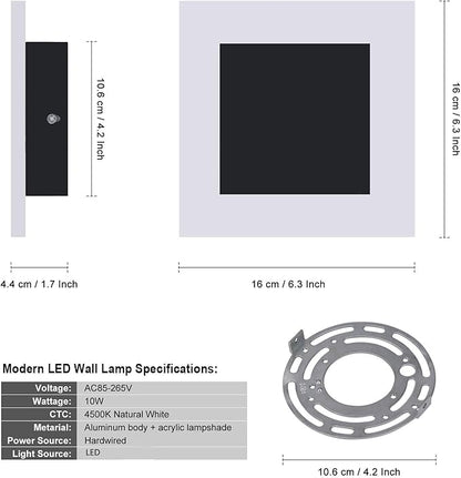 Kawell 10W Square Acrylic LED Wall Sconce Non-Dimmable Hardwired Black Wall Light Fixture for Bedroom, Living Room, Hallway Indoor Lighting, 4500K