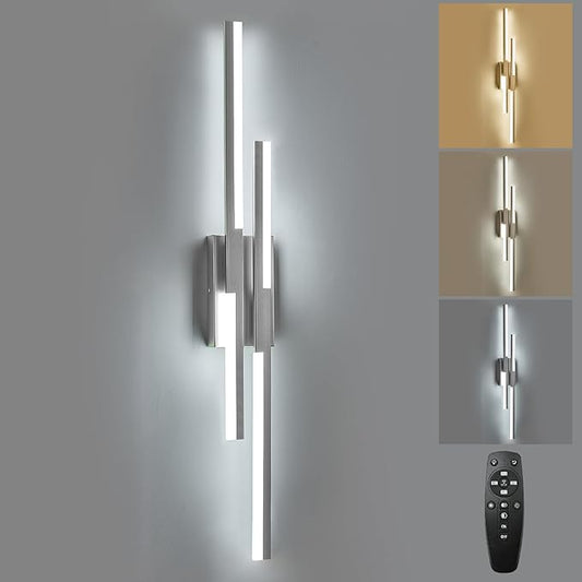 Modern LED Wall Sconce Silver Remote Wall Light Fixtures for Bathroom, Dimmable Vanity Light Indoor LED Remote Wall Sconce for Living Dining Room Bedside Bedroom(3000-6500K 35.4inch)