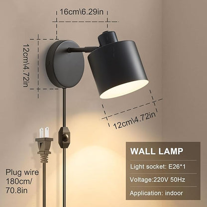 LIGHTESS Plug in Wall Sconces Set of 2 with Switch, 350° Rotatable Dimmable Corded Wall Sconce, Black Wall Lamps for Bedroom Living Room Hallway Kitchen Bedside (Bulb Not Included)