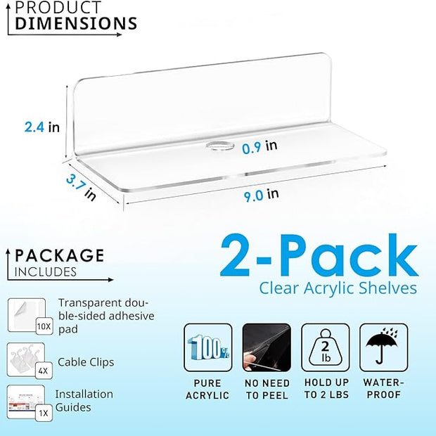 OAPRIRE Clear Acrylic Floating Shelves Set of 2 - Easily Expand Wall Space - Small Wall Shelf with Strong Adhesive for Bathroom, Bedroom, etc