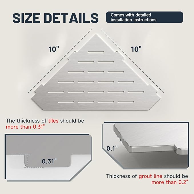 BWE 10" Corner Shower Shelves, 304 Stainless Steel Floating Corner Sheves for Wall, Heavy Duty Recessed Bathroom Shower Shelves Slot Design for Tiled Wall, No Drilling Needed 2 Pack Brushed Nickel