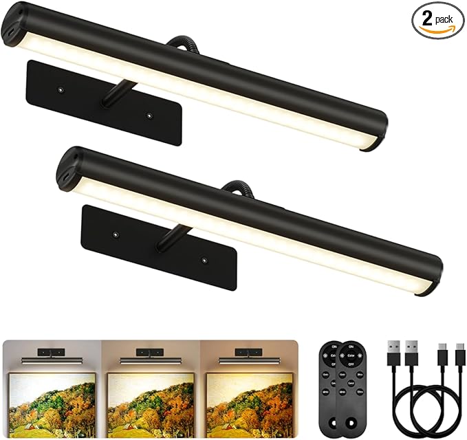 EZVALO 13Inch Wireless Picture Lights, 4000mAh Rechargeable Battery Art Lights with Remote, Dimmable 3 Color Temps LED Painting Lights for Living Room, Bedroom, Hallway (Black, 2Pack)