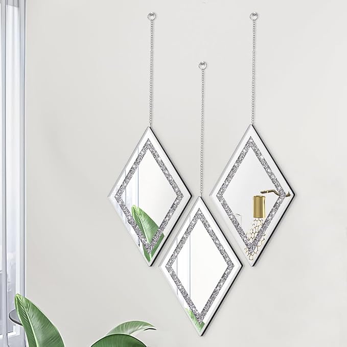 Pibeyer Silver Diamond Shaped Wall Mirror Set of 3, Decorative Crystal Crush Diamond Mirrors for Bedroom, Living Room & Hallway, Home Decor