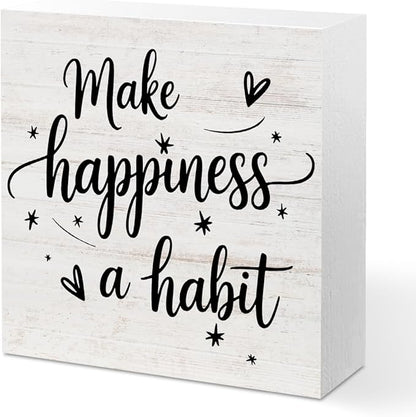 Inspirational Gifts for Women, Inspirational Wood Decor Make Happiness A Habit Wood Box Sign, Motivational Desk Decorative Signs for Home Office Table Shelf Cubicle