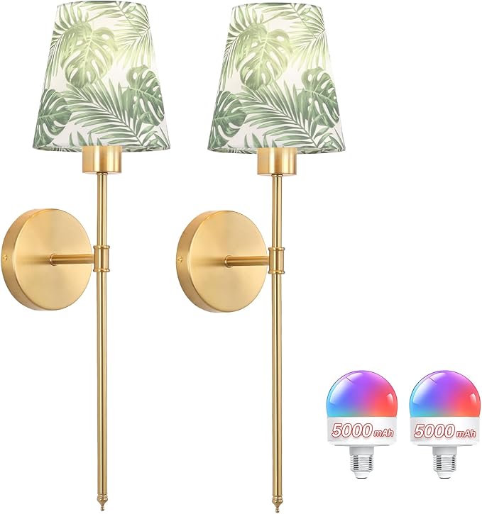 Battery Operated Wall Sconces Set of 2, Flower Pattern Shade 5000 mAh Rechargeable Bulb with 12 RGB Colors Dimmable Wall Sconce for Living Room Bedroom