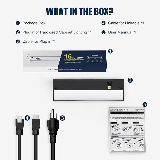 16 Inch LED Under Cabinet Light, Plug in Kitchen Lighting, 3CCT Selectable (3000K/4000K/5000K), CRI94 High Color Accuracy, Linkable, Slim Design Dimmable, Black