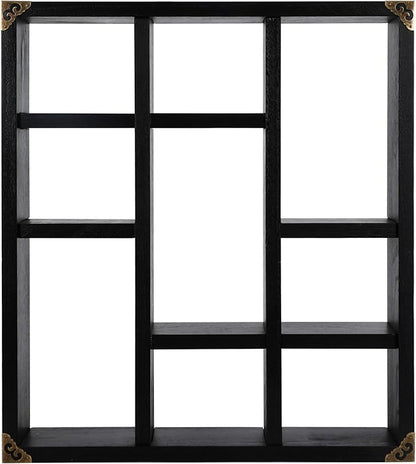 17.7x15.7-Inch Shadow Box Shelf 9-Slot Rustic Floating Shelves Larger Wall Mounted Lightweight Solid Wood Display Freestanding Farmhouse Shelf (9C-Classic Black)