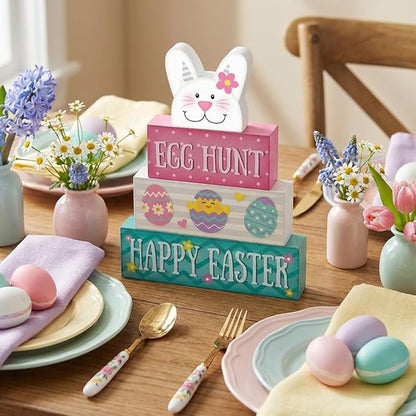 Easter Decorations, 4 Pcs Wooden Easter Table Decorations, Cute Bunny Tiered Tray Decor, Wooden Table Sign for Desk Shelf Mantel Coffee Bar, Indoor Home Decor