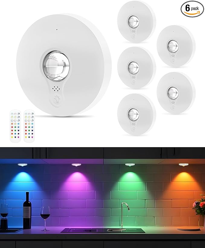 Rechargeable RGB Puck Lights with Remote Control, 1500mAh Battery Operated Push Lights, Dimmable & Timer Under Cabinet Lighting for Closet, Bedroom, Kitchen White 6Pcs