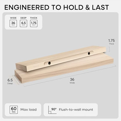 Homeforia 36 inch Wood Floating Shelves, High End Solid Natural Wood 36inch Large Floating Shelf Bathroom, Unfinished Wooden Floating Shelves for Wall, Heavy Duty Bracket, 36 X 6.5 X 1.75 in, Set of 4