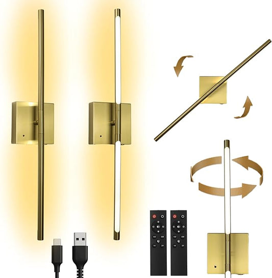 Battery Operated Wall Sconce Set of 2 Rechargeable Wireless Cordless 12000ma 360° Rotation Large Wall Lights lamp Modern Decor Linear Long Metal Gold 28"