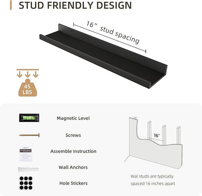 Picture Ledge Shelf, Wood Floating Shelves Set of 4, 24 inch Picture Ledge Shelves, Photo Ledge Nursery Book Shelves Wall Mounted for Living Room Kids' Room Bedroom, Color Black