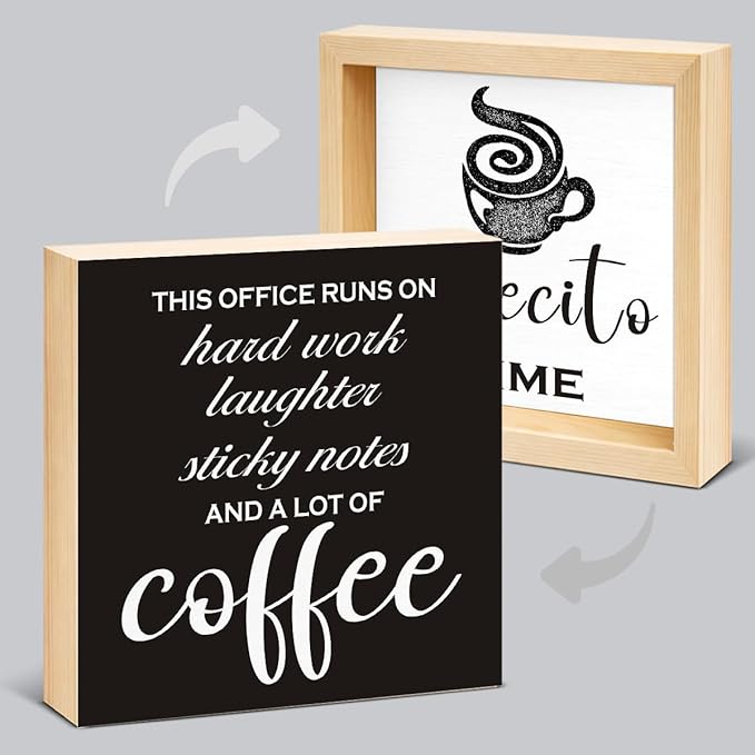 Funny Office Coffee Desk Decor - Funny Office Gift Ideas for Coworker - Double-sided Cafecito Time Wood Box Sign for Farmhouse Home Office Desk Shelf Decor