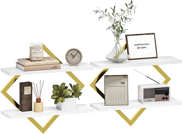 Floating Shelves for Wall, Set of 2 Wall Mounted Shelves, 2-Tier Hanging Shelves, for Living Room, Bedroom, Kitchen, Office, Study, Gold and White TBJ01P2JW