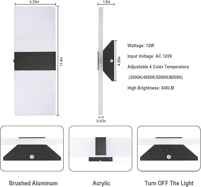 TRLIFE Dimmable LED Wall Sconces, 4 Color Temperature Modern Wall Sconce 12W Dimmable Wall Lights Set of 2 Wall Mounted Light for Bedroom Bedside Hallway Living Room Stairway(2 Pack, Black)