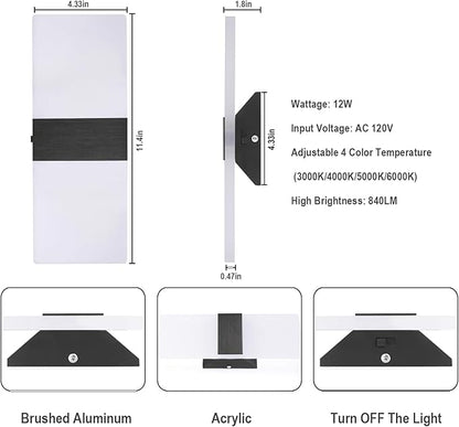 TRLIFE Dimmable LED Wall Sconces, 4 Color Temperature Modern Wall Sconce 12W Dimmable Wall Lights Set of 2 Wall Mounted Light for Bedroom Bedside Hallway Living Room Stairway(2 Pack, Black)