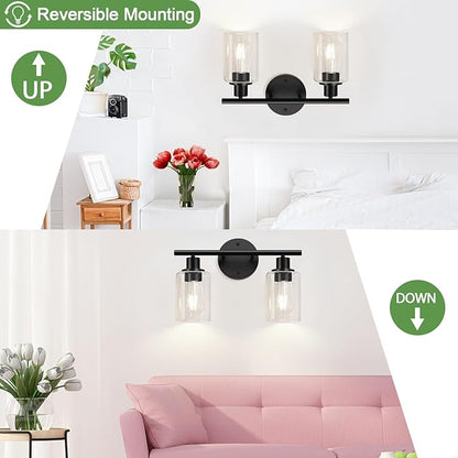 2-Light Bathroom Light Fixtures, Black Modern Vanity Lights with Clear Glass Shade, Bathroom Wall Lamp for Mirror Kitchen Living Room Hallway Cabinet Porch
