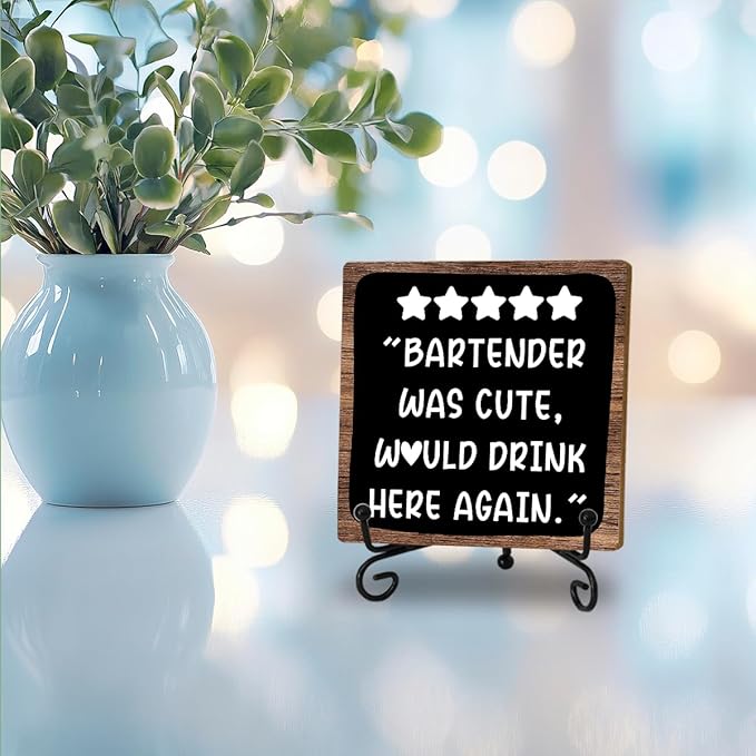 Funny Bartender Review Desk Sign, Funny Home Bar Plaque, Wooden with Stand, Bartender Was Cute Would Drink Here Again Wooden Tabletop Decor for Bar Table Decorations, Desk Shelf Decor Supplies