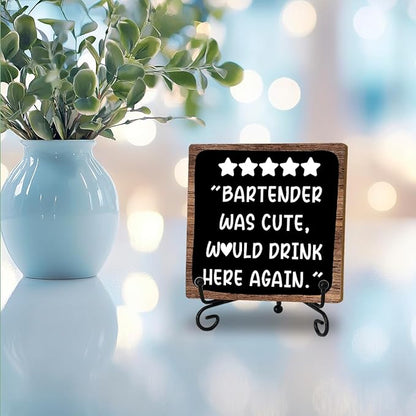 Funny Bartender Review Desk Sign, Funny Home Bar Plaque, Wooden with Stand, Bartender Was Cute Would Drink Here Again Wooden Tabletop Decor for Bar Table Decorations, Desk Shelf Decor Supplies