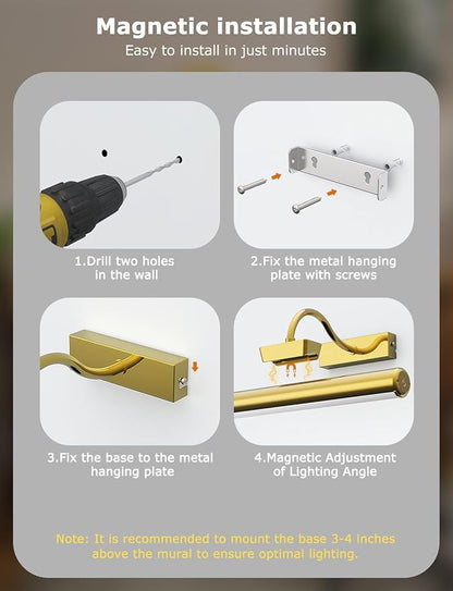 16in Wireless Picture Light with Remote, Battery Operated Picture Lights for Wall 5000mAh, 3 Color Modes and Dimmable LED Art Lighting with Timer for Painting, Frame, Gallery, Bedroom (Gold-2Pack)