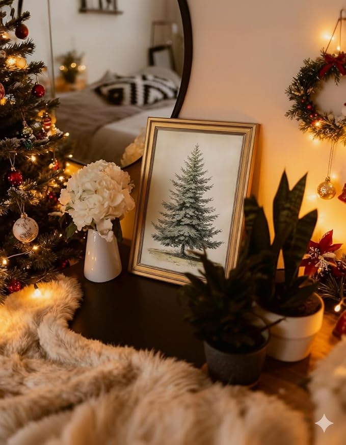 VIYYIEA Gold Framed Canvas Art, Vintage Christmas Tree Decor, 12x16Inch, Winter Retro Pine Picture Painting Gifts, xmas Decorations for Bedroom Living Room Shelf Fireplace