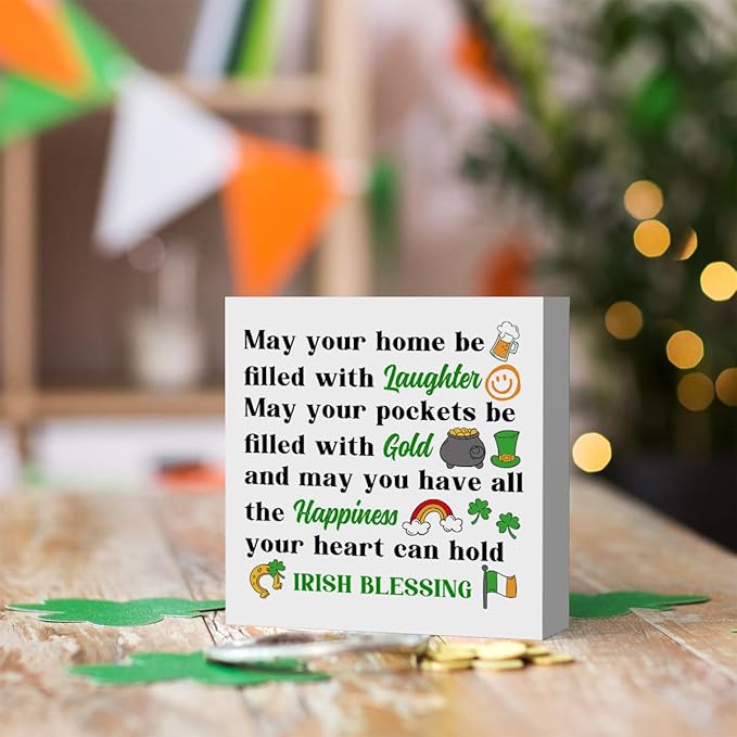 St Patricks Day Decor Irish Blessing Decorations Laughter Gold Happiness Rustic Wood Sign Home Tabletop Shelf Desk Decor St Patrick's Day Decorations 5 X 5 Inches