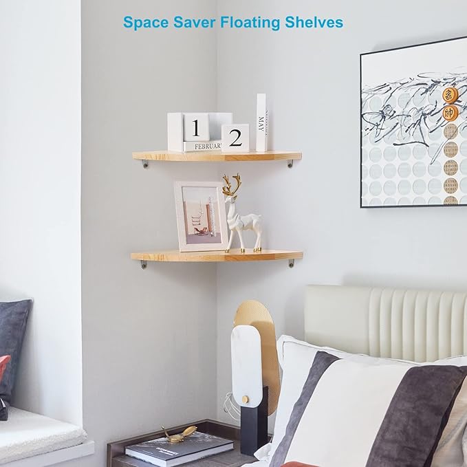 10 inch Corner Shelf, Solid Wood Corner Floating Shelves for Wall, Round End Wall Mounted Floating Shelf for Bedroom, Living Room and Kitchen (Burlywood-10 inch)
