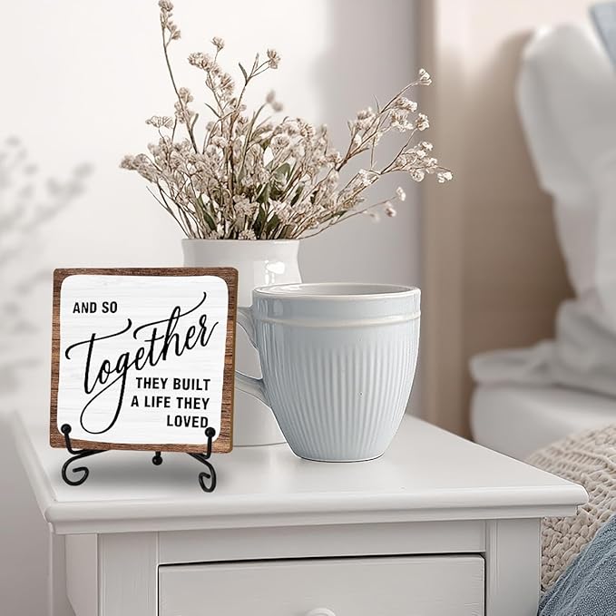 Home Desk Decor Sign, Rustic Wooden Sign With Stand, And So Together They Built A Life They Loved Sign For Farmhouse Home Living Room Bedroom Shelf Table, Coffee Lover Gifts For Family Friend Women