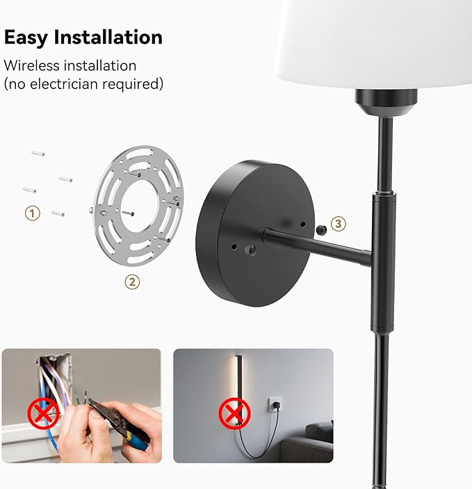 20 inch Battery Operated Wall Sconces Set of 2, Wireless Wall Lights with Rechargeable Bulbs & Remote, 15 Colors & Dimmable, Battery Powered Wall Lights for Bedroom, Living Room, Hallway, Black