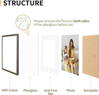 ATOBART 11x14 Picture Frame Set of 4, Displays 8x10 with Mat or 11x14 Without Mat, Photo Frames for Wall Hanging or Tabletop, Includes HD Plexiglass, Brown
