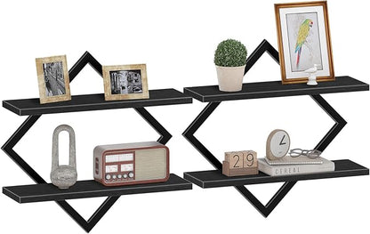 Floating Shelves, Set of 2 Wall Shelves, 2-Tier Hanging Shelves, Wall Shelf Set of 2, Wall Mounted Shelves, for Living Room, Bedroom, Kitchen, Office, Study, Black TBJ01P2BB